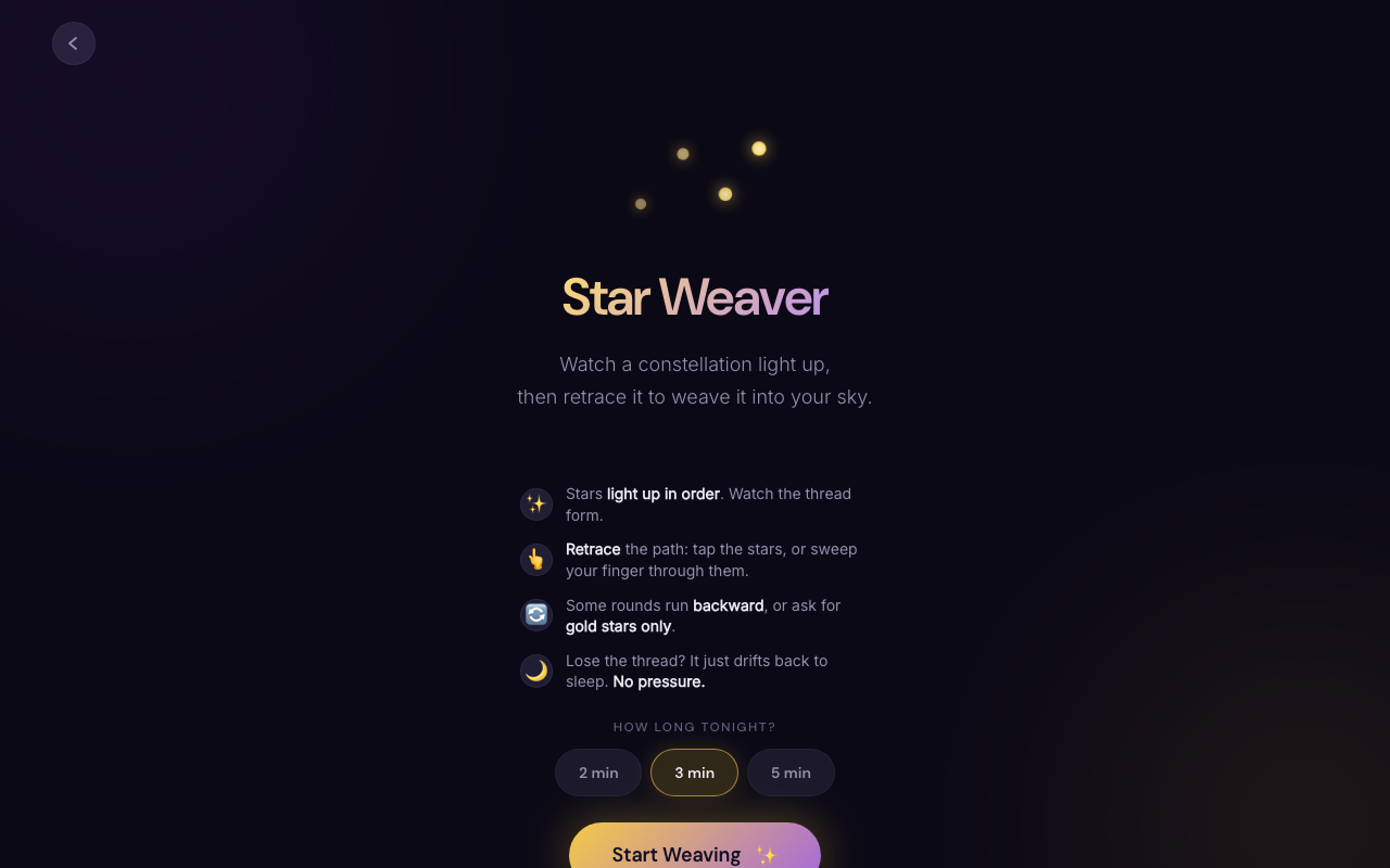 Ponoki's Star Weaver, a constellation tracing game