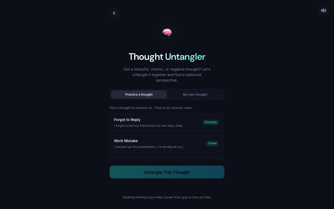 Ponoki's Thought Untangler, a thought reframing game